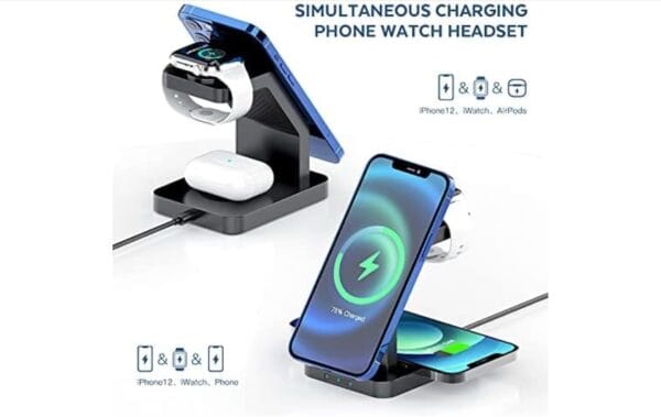 Wireless Charger 4 in 1 Station with Digital Clock and Alarm - 15W 3 in 1 Fast Charging Dock for iOS Devices, Compatible for iPhone iPhone 12/13/14/15 Series, iWatch 6/7/8 and Air-Pods - Image 2