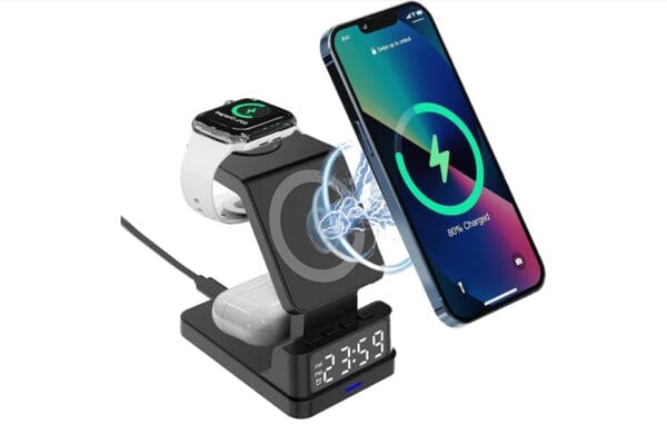 Wireless Charger 4 in 1 Station with Digital Clock and Alarm - 15W 3 in 1 Fast Charging Dock for iOS Devices, Compatible for iPhone iPhone 12/13/14/15 Series, iWatch 6/7/8 and Air-Pods