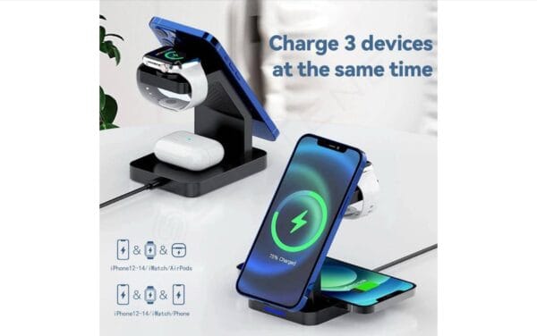 Wireless Charger 4 in 1 Station with Digital Clock and Alarm - 15W 3 in 1 Fast Charging Dock for iOS Devices, Compatible for iPhone iPhone 12/13/14/15 Series, iWatch 6/7/8 and Air-Pods - Image 3