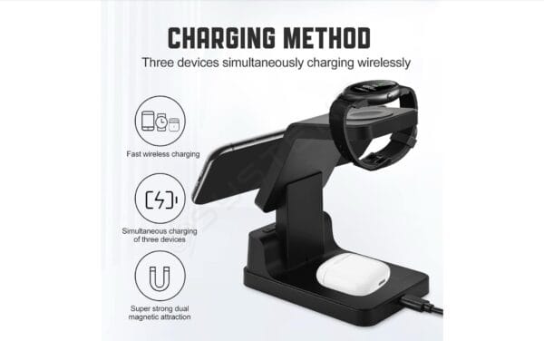 Wireless Charger 4 in 1 Station with Digital Clock and Alarm - 15W 3 in 1 Fast Charging Dock for iOS Devices, Compatible for iPhone iPhone 12/13/14/15 Series, iWatch 6/7/8 and Air-Pods - Image 4