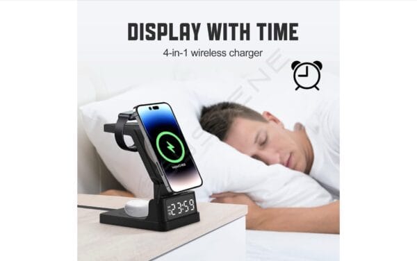 Wireless Charger 4 in 1 Station with Digital Clock and Alarm - 15W 3 in 1 Fast Charging Dock for iOS Devices, Compatible for iPhone iPhone 12/13/14/15 Series, iWatch 6/7/8 and Air-Pods - Image 7