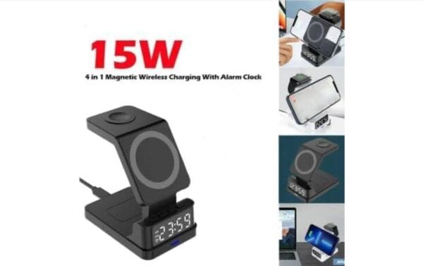 Wireless Charger 4 in 1 Station with Digital Clock and Alarm - 15W 3 in 1 Fast Charging Dock for iOS Devices, Compatible for iPhone iPhone 12/13/14/15 Series, iWatch 6/7/8 and Air-Pods - Image 8